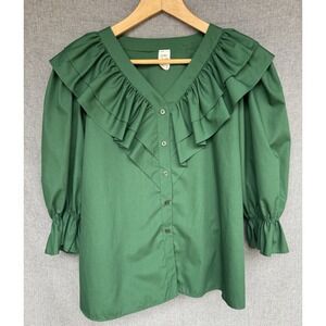 Vtg M Malco Modes Blouse Square Dance Ruffle Shirt Top Party Western Green